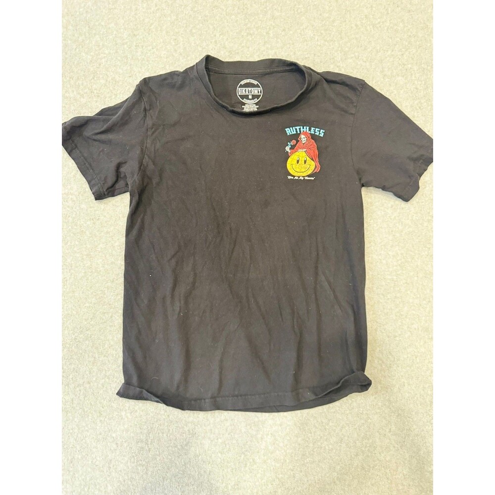 Dikotomy T-Shirt Mens M Ruthless Worldwide Skull Smiley Graphic Black Tee Crew